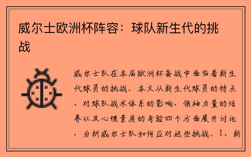 威尔士欧洲杯阵容：球队新生代的挑战