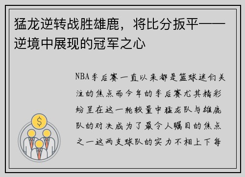 猛龙逆转战胜雄鹿，将比分扳平——逆境中展现的冠军之心
